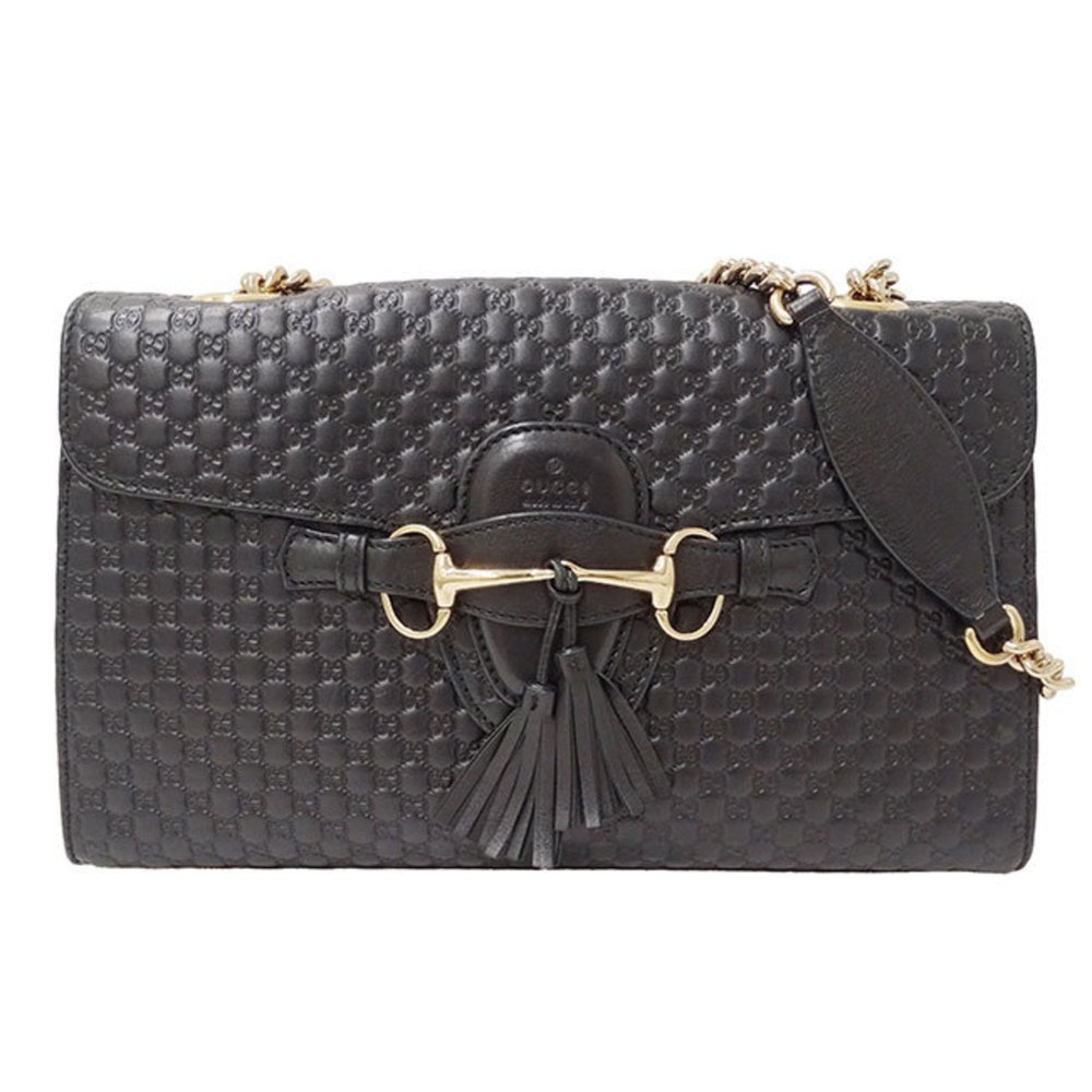 GUCCI Bag Women's Shoulder Microsima Horsebit Leather Black 449635 Chain - Picture 2 of 16